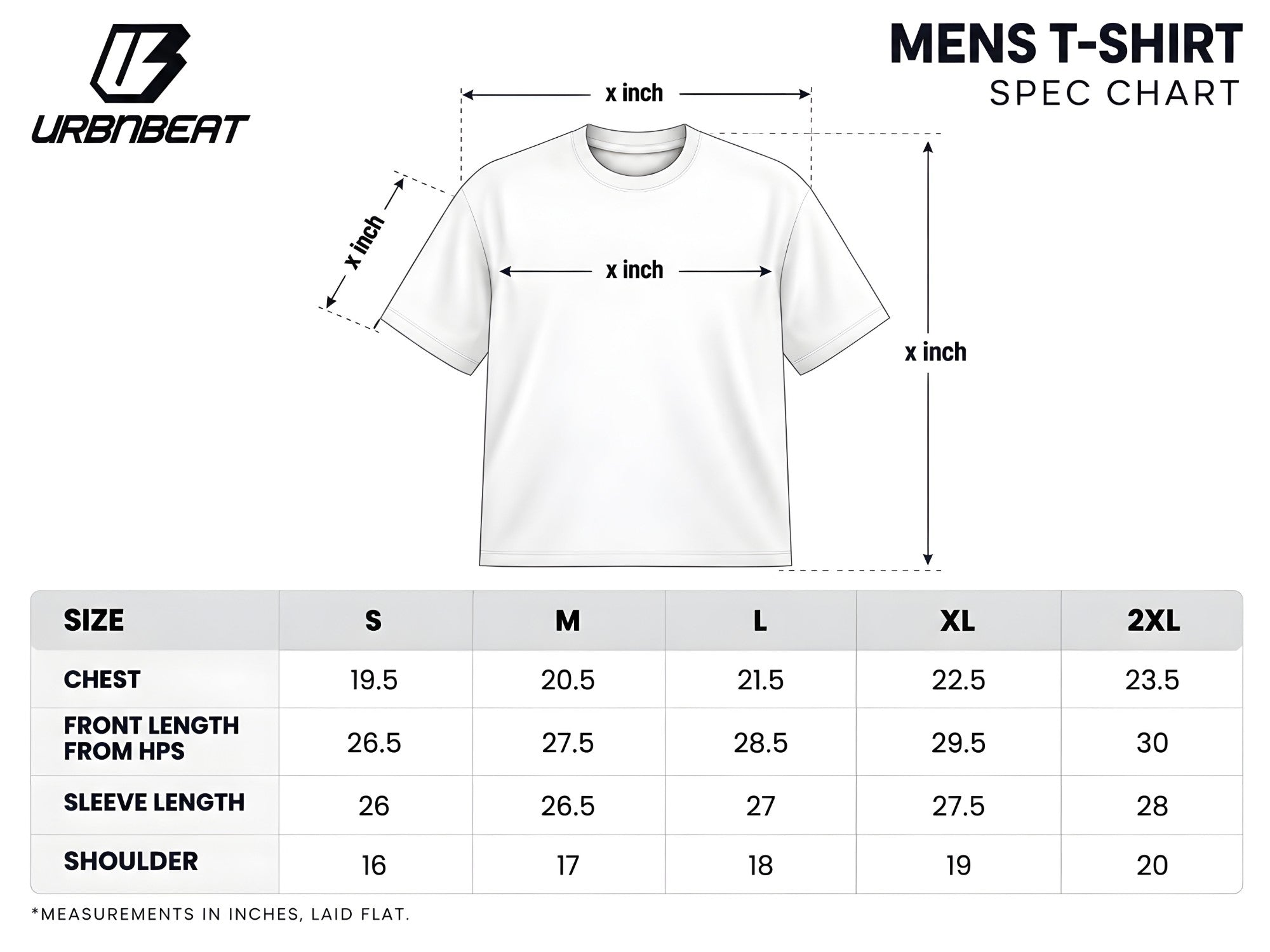 Mens t-shirt size chart: chest, front length from high point shoulder, sleeve length and shoulder, in inches laid flat, sizes S to 2XL